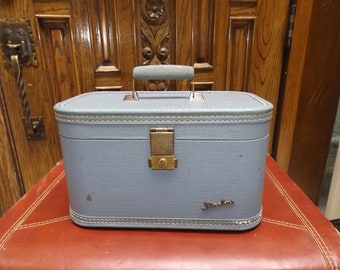 Starline vintage flat top blue train case with storage  farmhouse travel wedding cardboard MLB intials