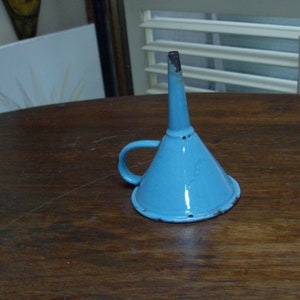 Vintage powder blue  enamel with white small funnel for canning cooking farmhouse kitchen