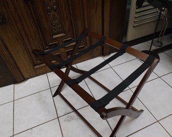 wooden foldable luggage rack with fabric straps moveable table base farmhouse retro home boudoir