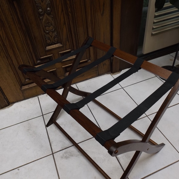 wooden foldable luggage rack with fabric straps moveable table base farmhouse retro home boudoir
