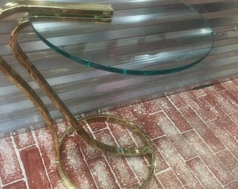 Pair of retro glass top table with brass ornate leg side tables modern chic