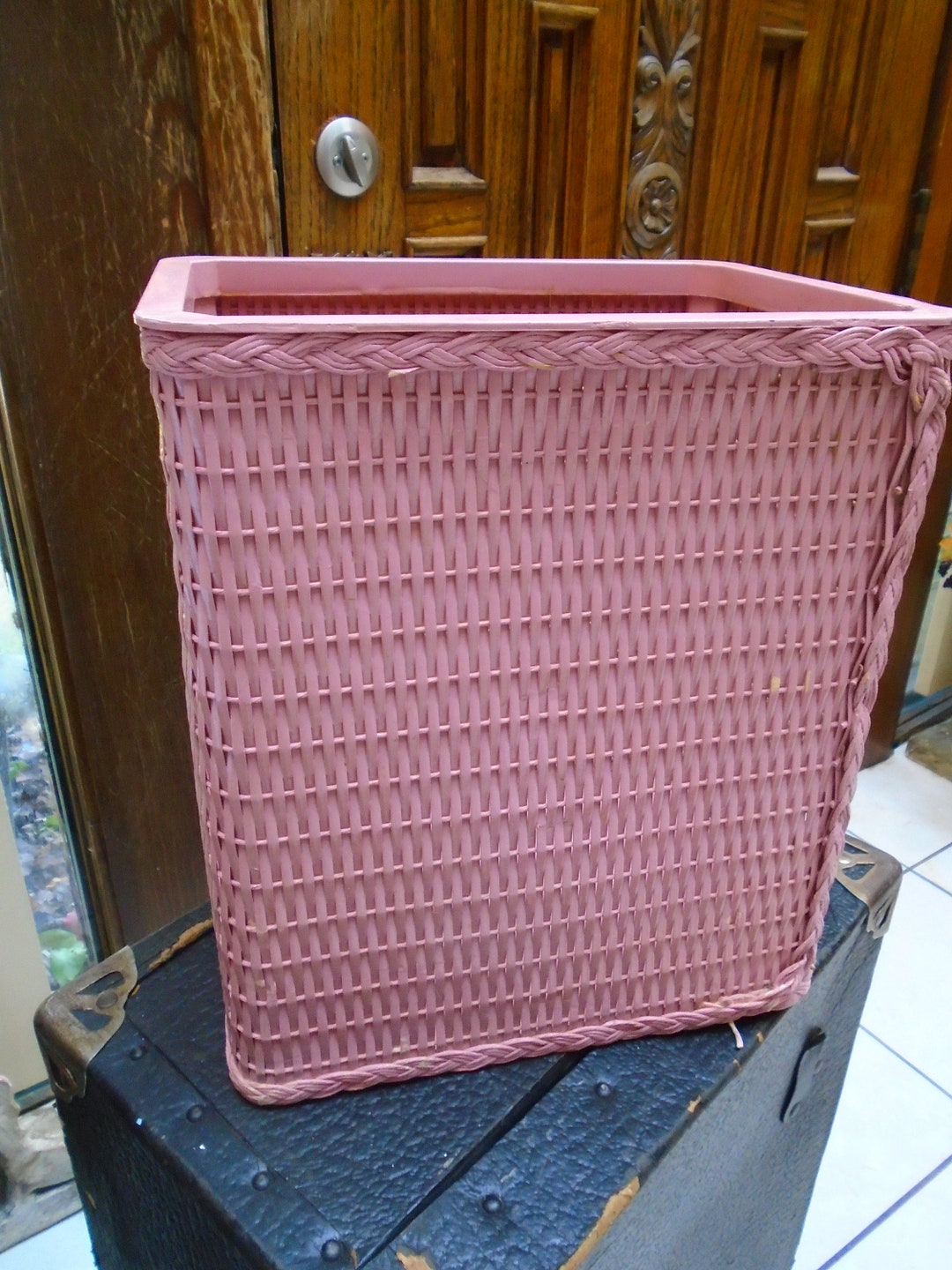 Vintage Pink Wicker Hamper Trash Can Retro Home Farmhouse Etsy
