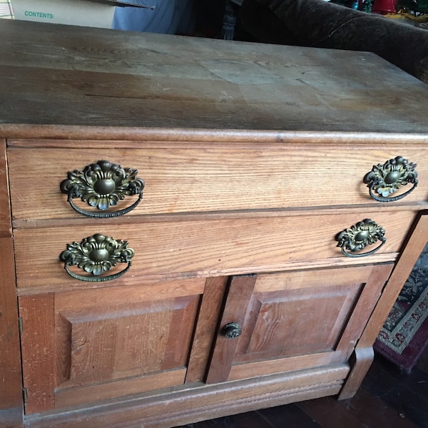 antique small oak wood narrow dresser nightstand console storage wet bar