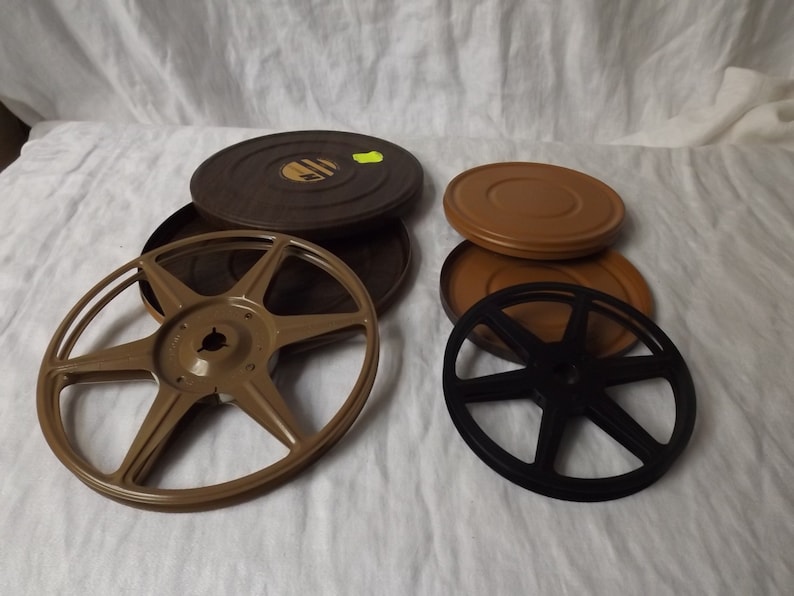 SUMMER SALE Pair of Harwood dual 8 MM vintage reel can continers retro Mad men mid century