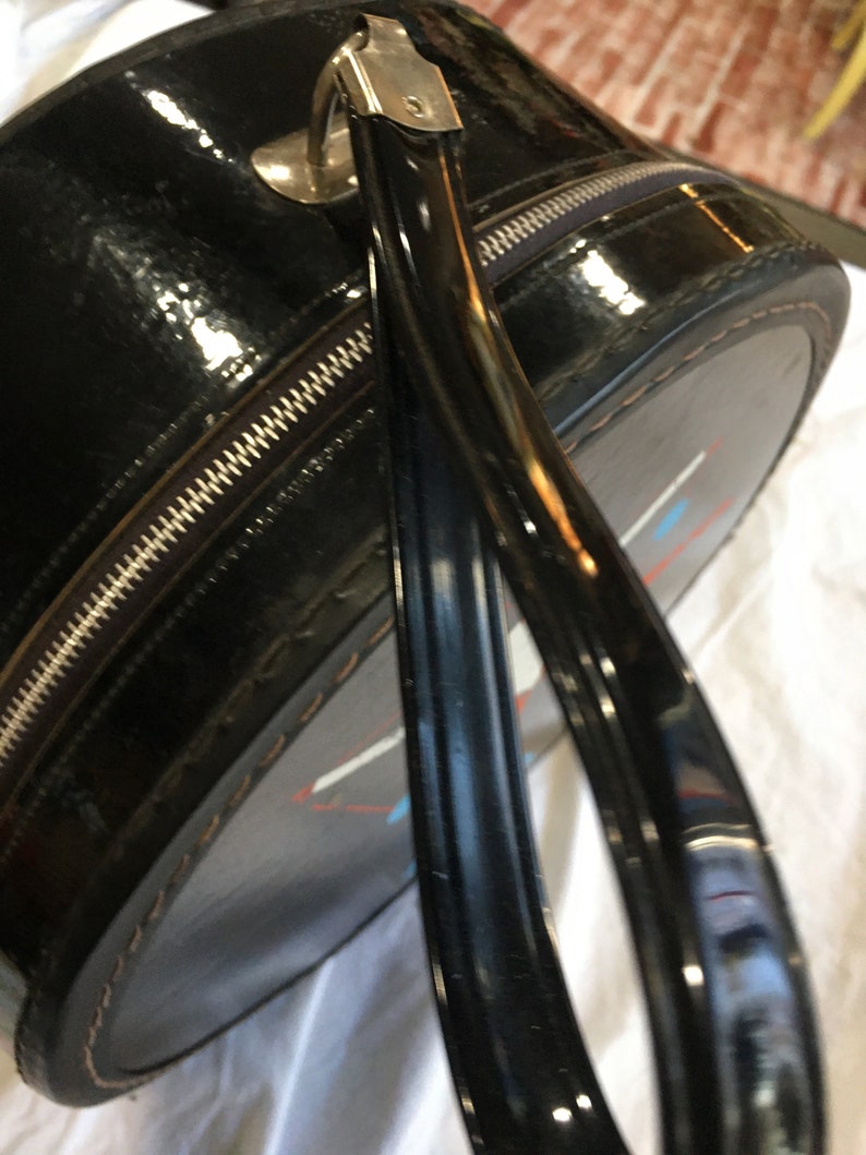 vintage Ballet Gymnasts black patent leather round bag luggage 1950 1960