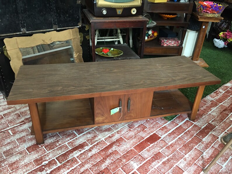 Lane MCM Coffee Table With Sliding Door Brown Finish Storage Etsy