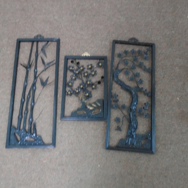 Vintage 3 piece MCM wall metal asian garden inspired home office accent home decor