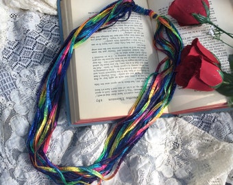 Rainbow Yarn Necklace, Colorful Scarf, Ribbon Scarf, Under 15 Gift, Rainbow Yarn Necklace, Gift for Mom, Sister Gift, Gift for Wife