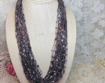 Brown yarn necklace, scarf necklace, skinny scarf, boho necklace, strands necklace, brown lover gift, gift for her, ribbon scarf