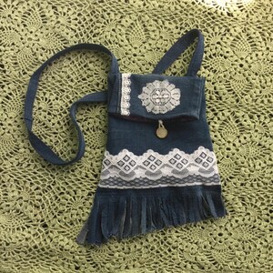 Boho Jean purse, fringe purse, shoulder purse, gifts under 35, girlfriend gift, festival purse, lace bag, small ladies purse, sister gift
