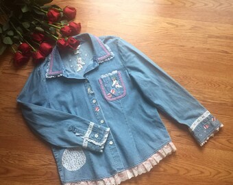 Winter Shirt, Denim Shirt, Ice Skate Blouse, Mom Gift, Ladies Christmas Top, Holiday Shirt, Embroidered Shirt, Skating Top, Wife Gift