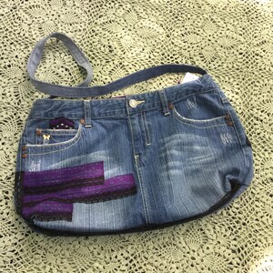 Jean tote bag, purple tote, purple lover purse, denim shoulder bag, purple lover gift, wife gift, black lace purse, eco friendly bag,