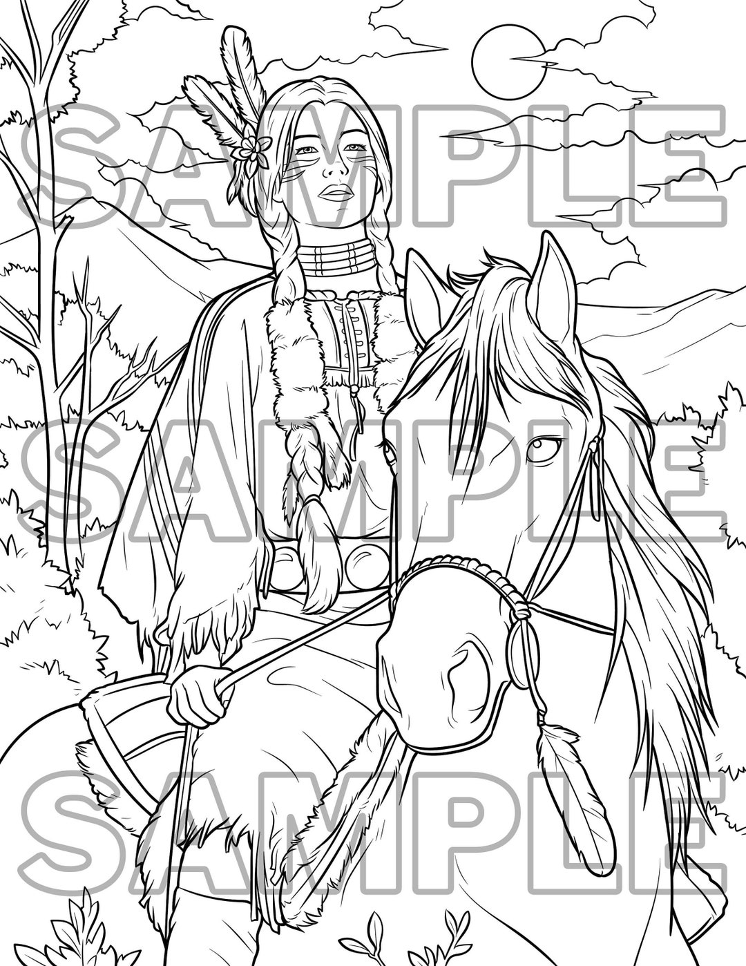 Native American Women on a Horse Coloring Page - Etsy