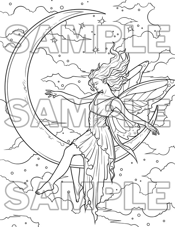 Fairy Playing on the Moon Coloring Page. - Etsy
