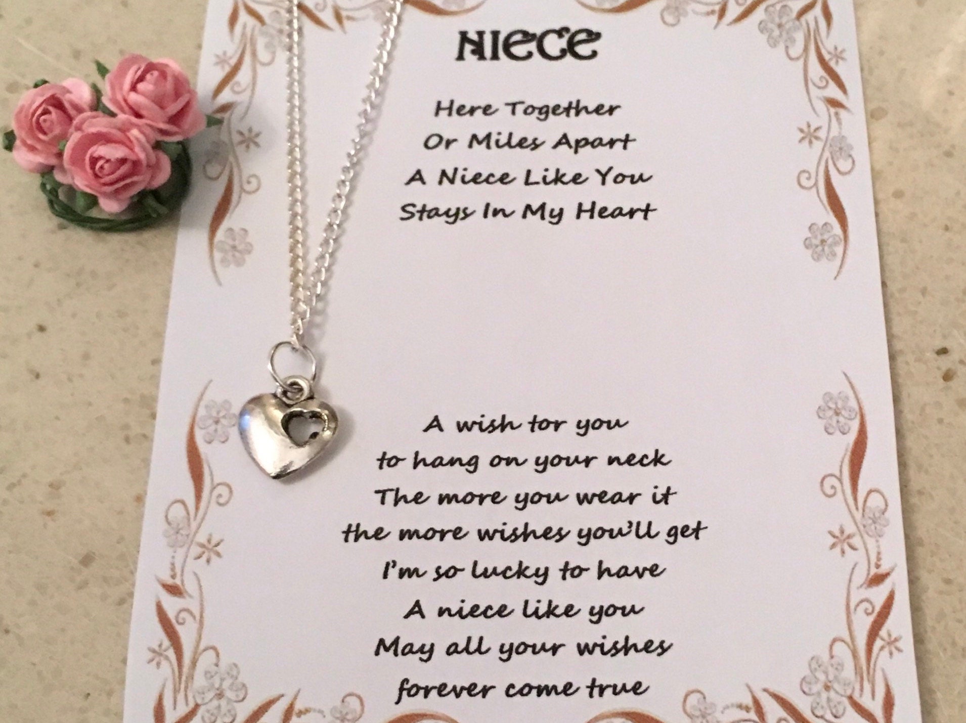 NIECE SILVER PLATED WISH CHARM NECKLACE HEART FLOWER INFINITY GIFT CARD PRESENT