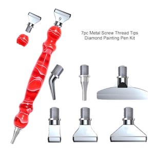 May include: A 7 piece diamond painting pen kit with a red and white swirl handle and 7 different metal screw thread tips. The tips include a pointed tip, a flat tip, and a round tip.