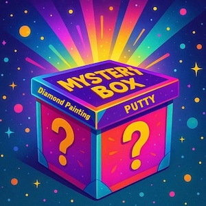 May include: A square mystery box with a purple lid and pink sides, featuring yellow question marks on the front and side. The lid displays the text MYSTERY BOX, while the sides are labeled Diamond Painting and PUTTY in yellow lettering.