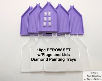 May include: Set of 18 purple diamond painting trays with clear lids and plugs. The trays are shaped like houses and have a grid pattern. The text on the image reads "18pc PEROW SET w/Plugs and Lids Diamond Painting Trays ©2023 Nyx DarkSky of Nyx's Notions™™".
