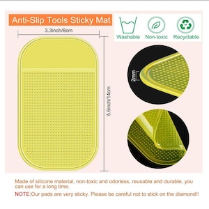 May include: Yellow silicone anti-slip mat with a textured surface. The mat is 5.6 inches by 3.3 inches and is washable, non-toxic, and recyclable.