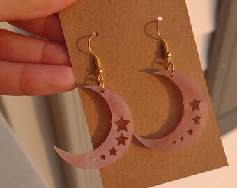 Rose Quartz *Acrylic* Moon Earrings | Whitchy | Stars | Laser Cut | Celestial | Space | Astronomy