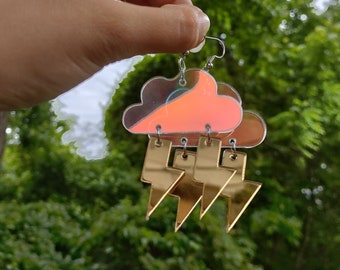 Thunderstorm Earrings | Rain cloud lighting | Weather Enthusiast Earrings | Holographic and Gold