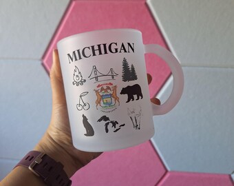 Michigan Icon 15oz Frosted Glass Coffee Mug | National Cherry Festival | Summer | Tumbler | Iced Coffee | Sustainable| State |Bear |Beer