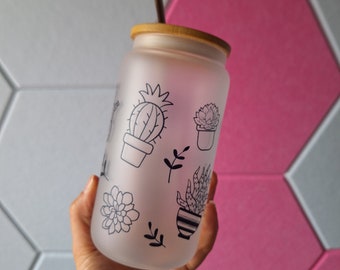 Succulent Plant 16oz Glass Can With Bamboo Lid and Straw | Trendy | Iced Coffee | Reusable | Sustainable | Witchy | Floral