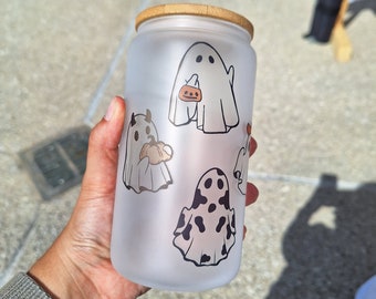 Ghost Halloween 16oz Glass Can With Bamboo Lid and Straw | Trendy | Iced Coffee | Reusable | Sustainable
