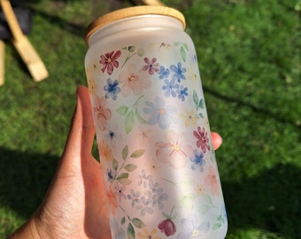 Frosted Watercolor Flower Glass Can With Lid and Straw | Tumbler | Iced Coffee | Cottagecore Aesthetic | Reusable | Sustainable |