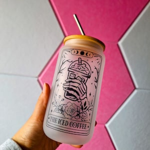 Tarot &quot;The Iced Coffee&quot; 16oz Glass Can With Bamboo Lid and Straw | Trendy | Iced Coffee | Reusable | Sustainable | Witchy | Pagan |Skeleton