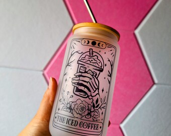 Tarot "The Iced Coffee" 16oz Glass Can With Bamboo Lid and Straw | Trendy | Iced Coffee | Reusable | Sustainable | Witchy | Pagan |Skeleton