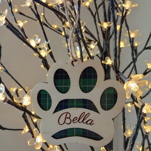 Custom Engraved Wood Paw Ornament | Christmas | Cat | Dog | Furbaby | Plaid | Personalized | Names