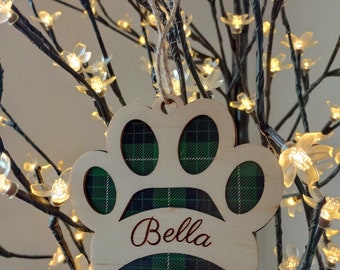 Custom Engraved Wood Paw Ornament | Christmas | Cat | Dog | Furbaby | Plaid | Personalized | Names