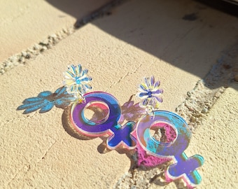 Holographic Feminist Daisy Acrylic Earrings | Jewelry | Spring | Summer | Iridescent | Stud | Statement | Liberal | Socialist | Retro|Groovy