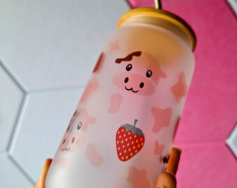 16oz Pink Strawberry Milk Cow Frosted Glass Can with Bamboo Lid and Glass Straw | Self Love | Positivity | Kawaii | Girly