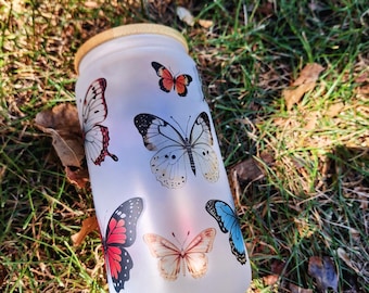Monarch Butterfly 16oz Glass Can With Bamboo Lid and Straw | Trendy | Iced Coffee | Reusable | Sustainable | Witchy | Insect | Pollinator
