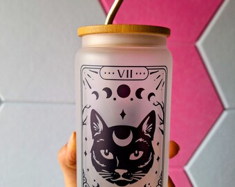 Tarot "The Cat" 16oz Glass Can With Bamboo Lid and Straw | Trendy | Iced Coffee | Reusable | Sustainable | Black Cat | Salem | Witchy