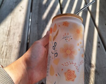 Autumn Florals Frosted 16oz Glass Can | Fall | Iced Coffee | Heat Resistant | Halloween | Reusable | Sustainable