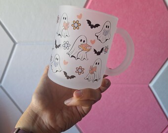 Bookish Ghost Halloween 15oz Frosted Glass Coffee Mug | Trendy | Iced Coffee | Reusable | Sustainable | Bats | Books | Reading |Fall| Autumn
