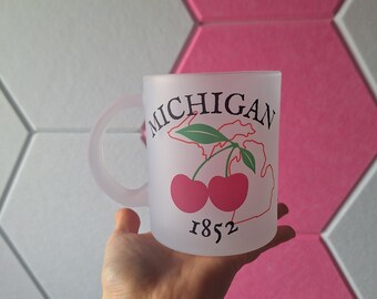 Michigan Cherry 15oz Frosted Glass Coffee Mug | National Cherry Festival | Summer | Tumbler | Iced Coffee | Sustainable|Reusable