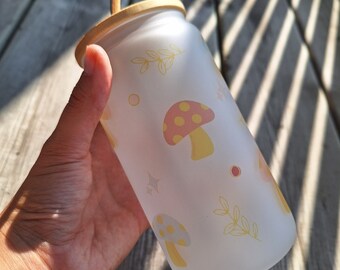 Cottagecore Mushroom 16oz Glass Can With Bamboo Lid and Straw | Trendy | Iced Coffee | Reusable | Sustainable
