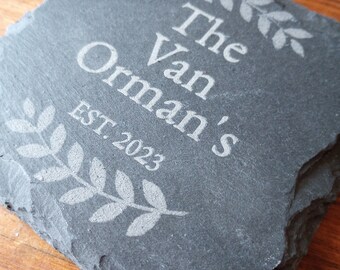 Custom Engraved Slate Stone Coasters | Wedding Favors | Couple Gifts | Housewarming Gift | Personalized | Monograms | Charcuterie Board