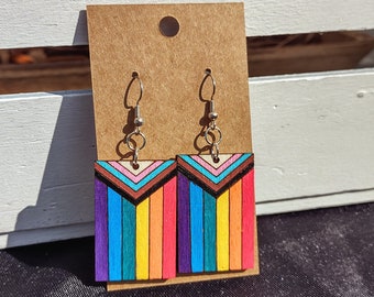 Progress Pride Flag Earrings | Hand Painted Wood | Pride Month | Gay | Lesbian | Bisexual | Trans | lgbtqia+ | Laser Cut