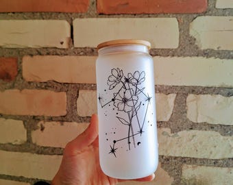 Custom Zodiac and Birth Flower Frosted Glass Can With Lid and Straw | Tumbler | Iced Coffee | Astrology | Personalized| Valentines Day