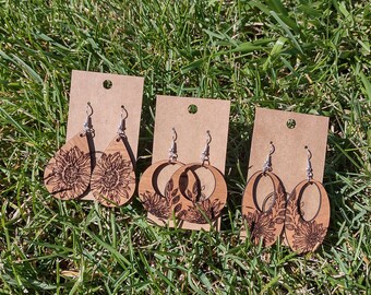 Sunflower Earrings | fall jewelry| wildflower| cherry hardwood | wood | engraved |