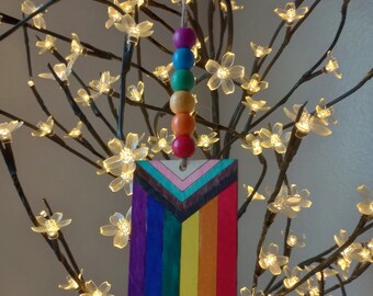 Progress Pride Flag Christmas Wood Ornament | Car Ornament | Mirror Hanger | Charm | Hand Painted | Trans | Gay | Bi | Tree