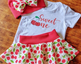 Sweet One Cherry Birthday Outfit | First Birthday | Skirted Bummies