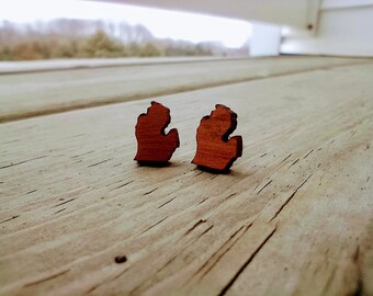 Michigan Minimalist Stud Earrings | State Minimalist Earrings | Cherry Hardwood | Laser Cut | Gift