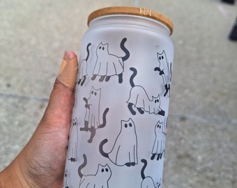 Black Cat Ghost Halloween 16oz Glass Can With Bamboo Lid and Straw | Trendy | Iced Coffee | Reusable | Sustainable