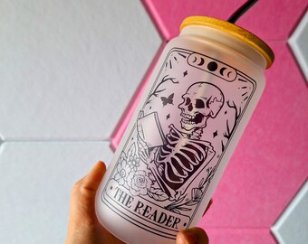 Tarot "The Reader 16oz Glass Can With Bamboo Lid and Straw | Trendy | Iced Coffee | Reusable | Sustainable | Bookish | Banned | Witchy
